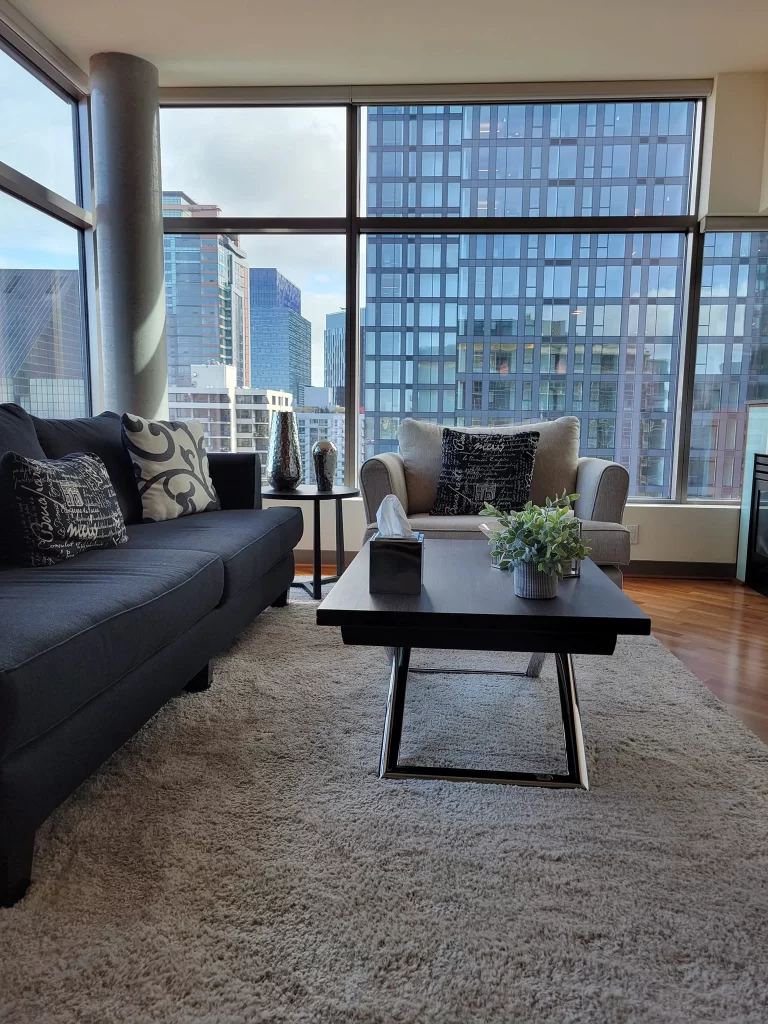 Spotless modern living room cleaned by Priscila's house cleaning service in Seattle